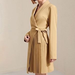 Tan beige wrap dress collared blazer lapel pleated folding details tie bow side